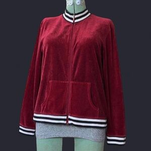 Red Velvet Velour Track Jacket Y2K Emo Soft Grunge Zip Up Striped Collar retro